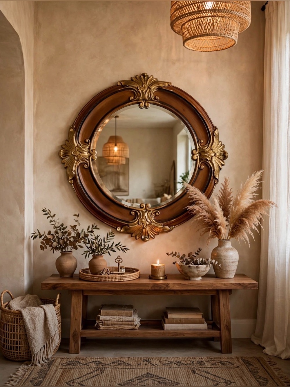 ✨ Vintage 24” Baroque Round Wall Mirror Ornate Gold & Wood Frame Beveled Glass ✨